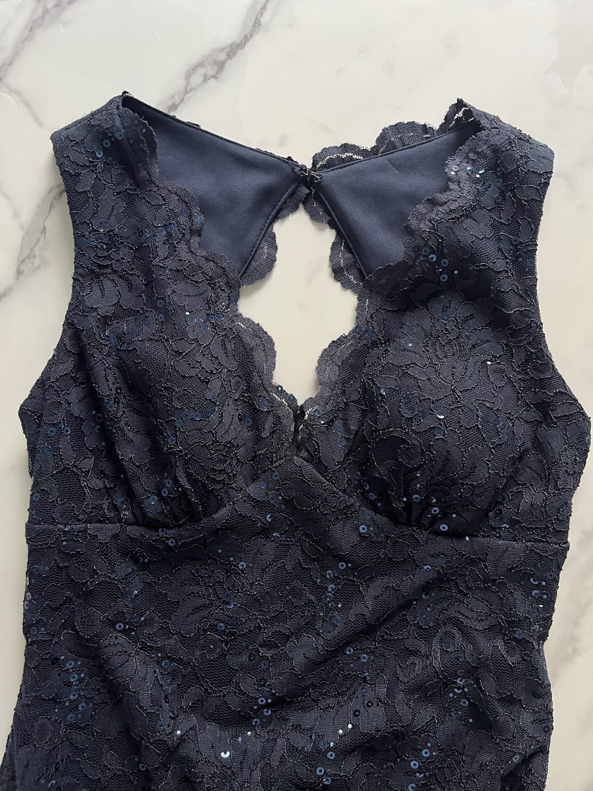 Navy Blue Sequin Lace Open Back Prom Dress 12 Mermaid Formal Gala Evening Gown