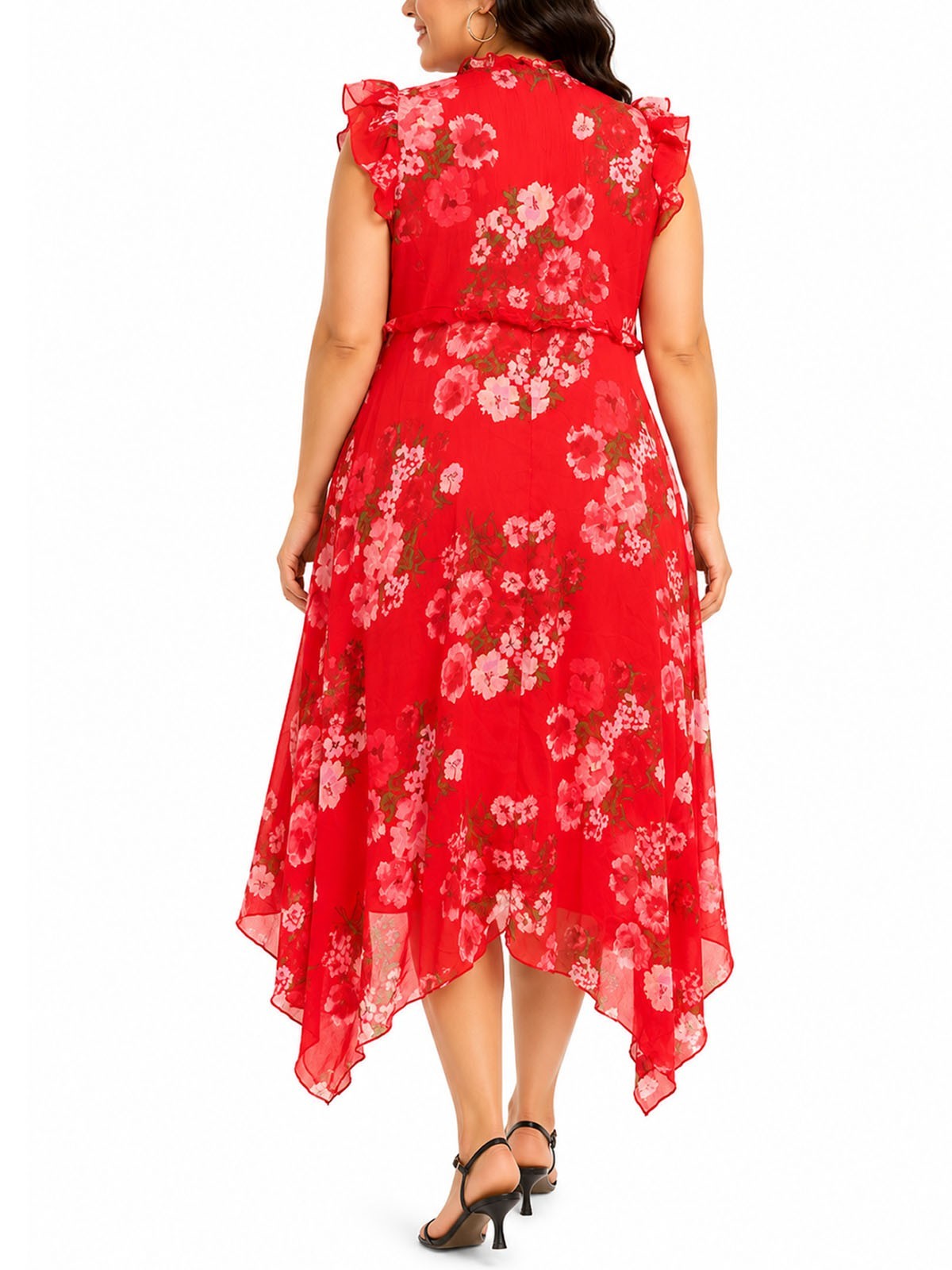 EX YOURS LADIES RED/PINK FLORAL RUFFLE HEM MIDI DRESS NEW (REF R / 443)
