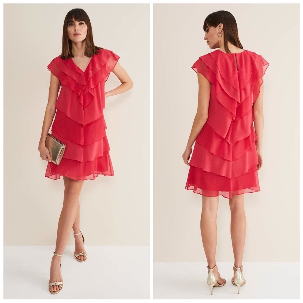 PHASE EIGHT Women’s Size 2 Raspberry Pink Sage Pleated Ruffle A-Line Mini Dress