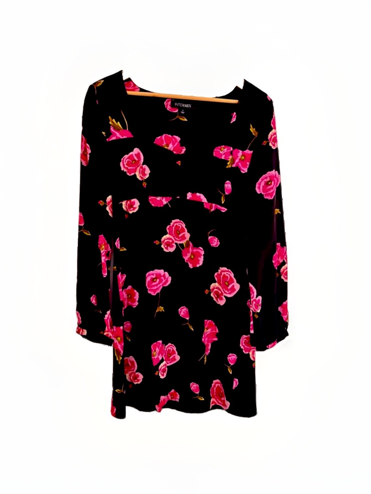 INTERMIX Women’s Black/Pink Floral Fit & Flare Mini Dress Long Sleeve 4