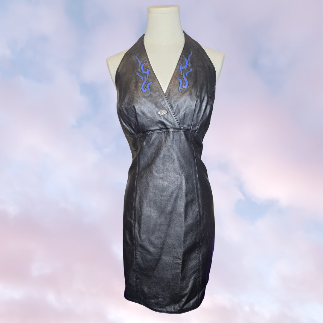 Vtg Harley Davidson Black Leather Halter Biker Punk Blue Flame Mini Dress 10