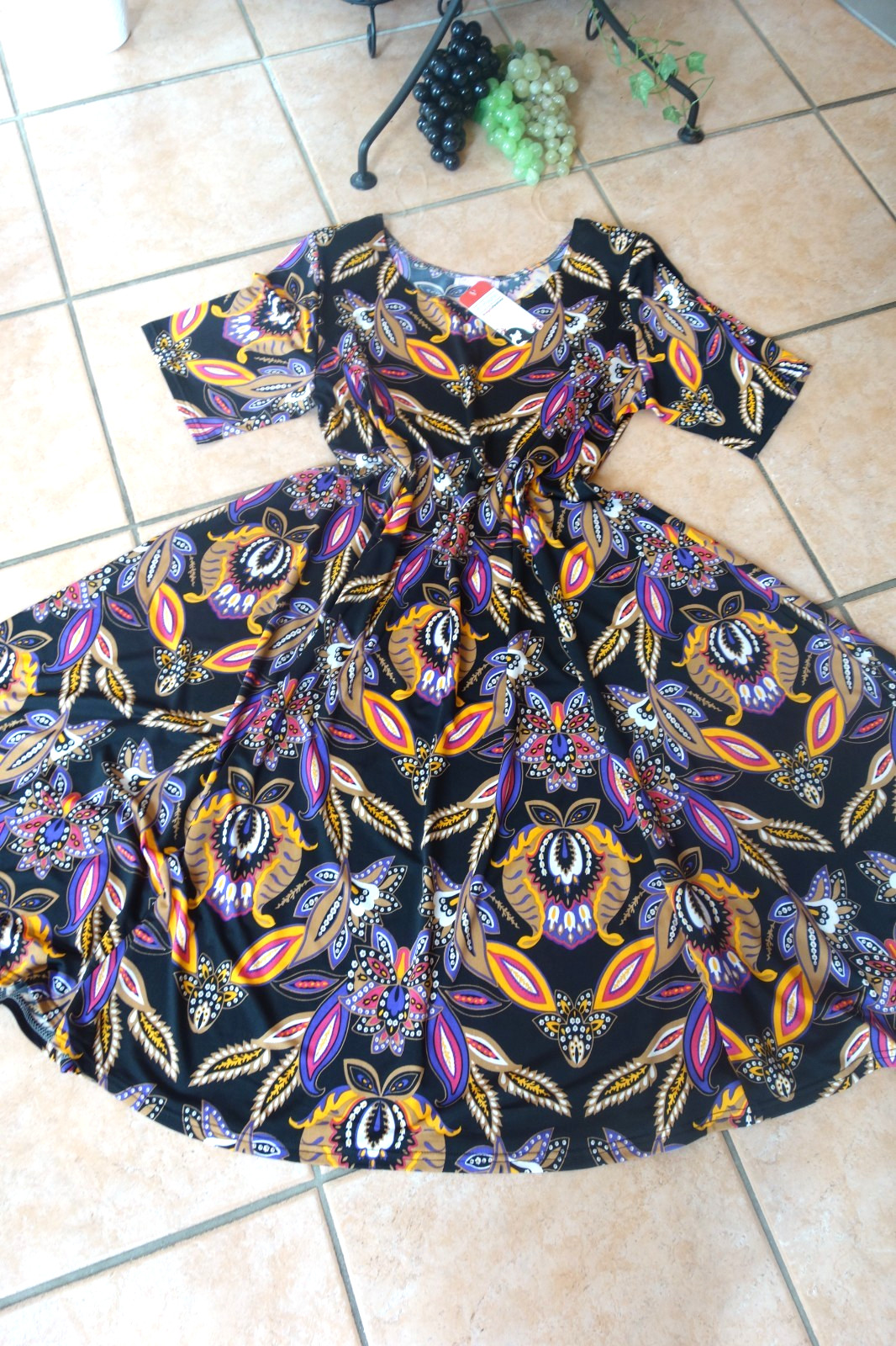 Magna summer dress 48 50 new black Multicoloured Floral Leaves Stretch A Line LAGENLOOK