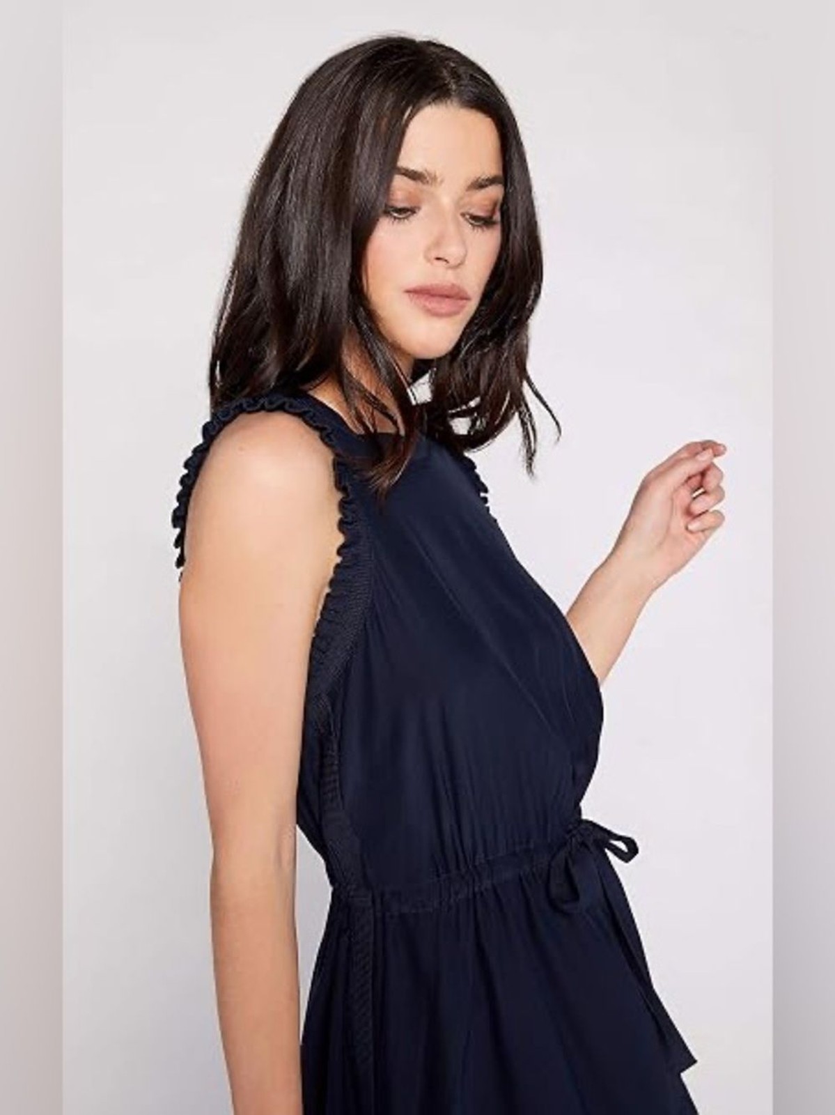 Cinq a Sept Lenora Solid Navy 100% Silk Mini Dress Ruffle office capsule