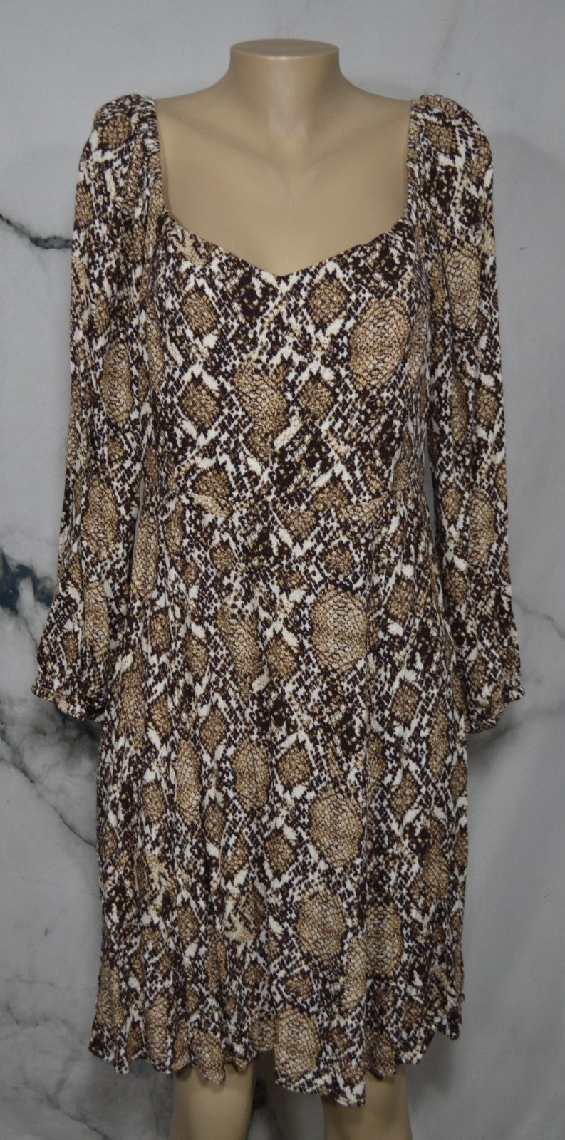 SCOOP Beige Black Brown Snakeskin Print Dress Large FIt & Flare Sweetheart Neck