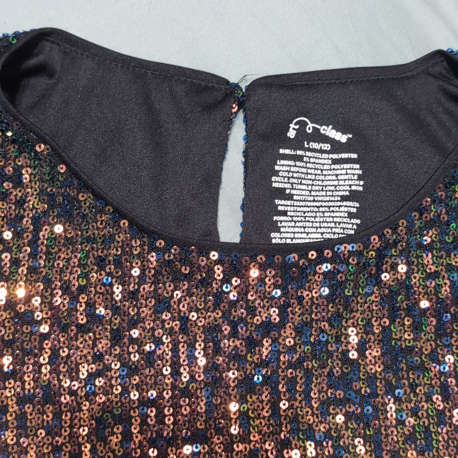 Art Class Sequin Long Sleeve Lined Mini Dress Black/Multicolor L (10/12)