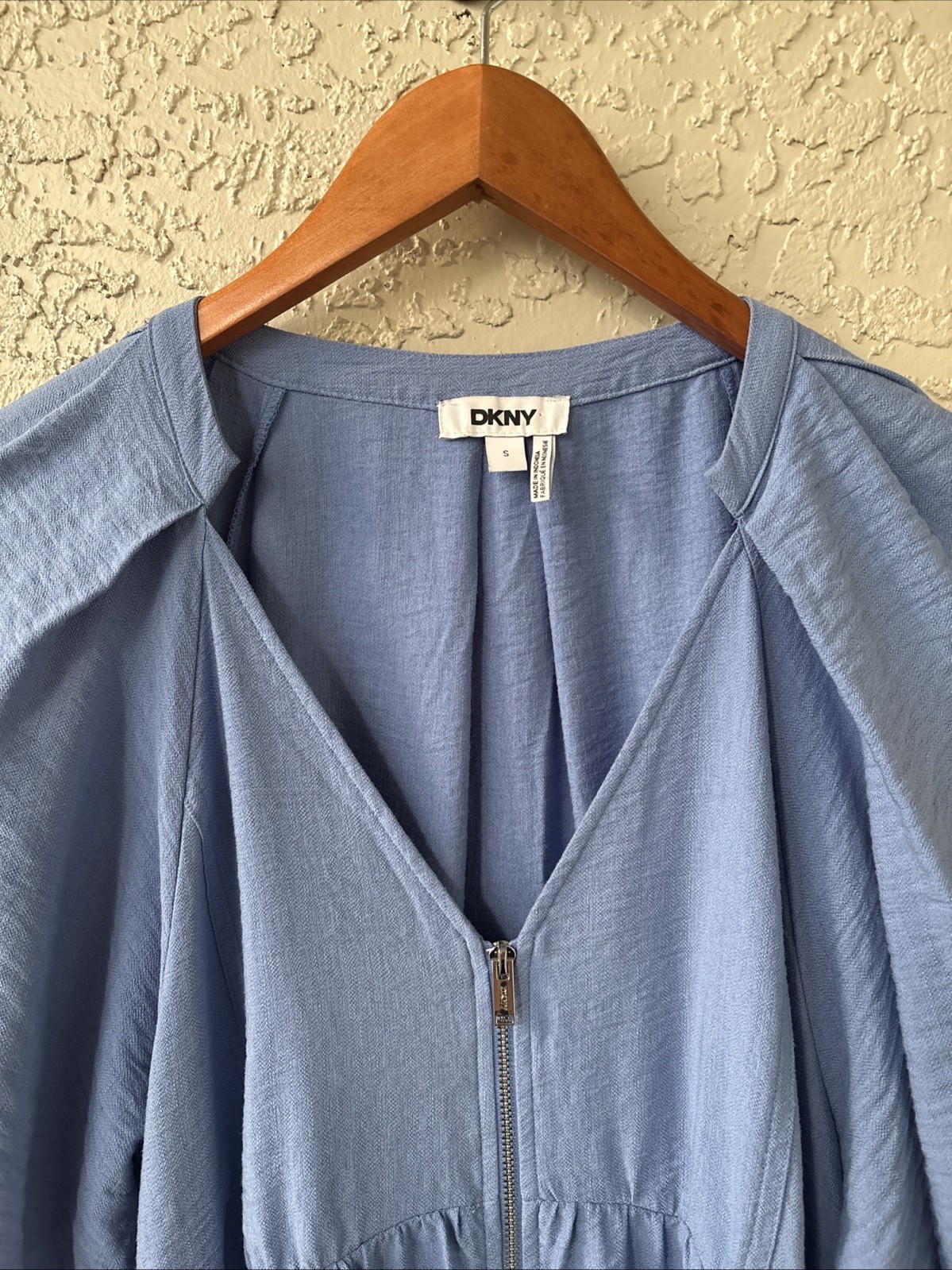 DKNY Light Blue Puff Sleeve Midi Dress Zip Front Tiered Peasant Small