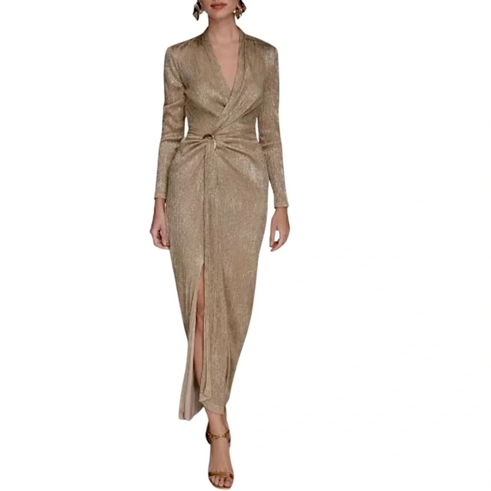 Donna Karan Womens Dress Size 4 Gold Metallic V Neck Draped Long Sleeve Gown