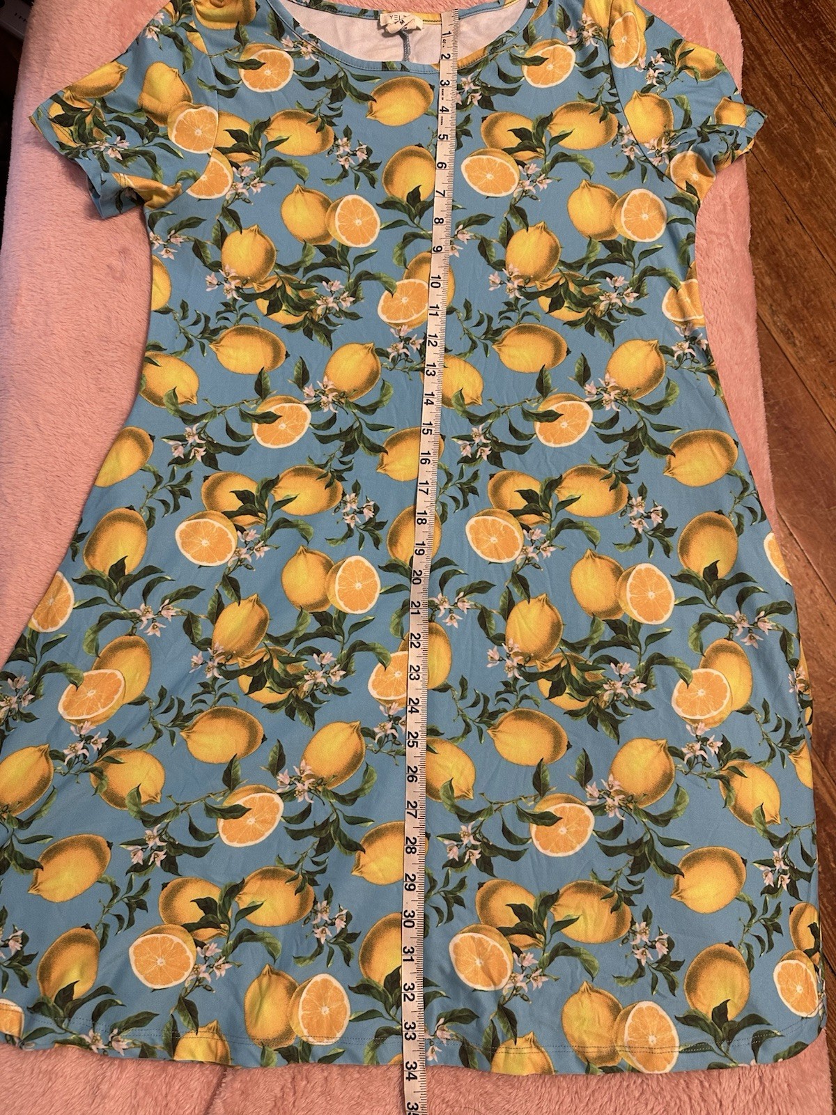 Yelete Lemon Print T-Shirt Blue Swing Dress Amalfi Italian Summer Short Sleeve M