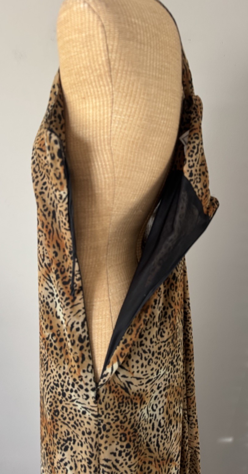 VTG 80s 90s Leopard Cheetah Animal Print Maxi Dress Flowy Criss Cross Back Sz 10