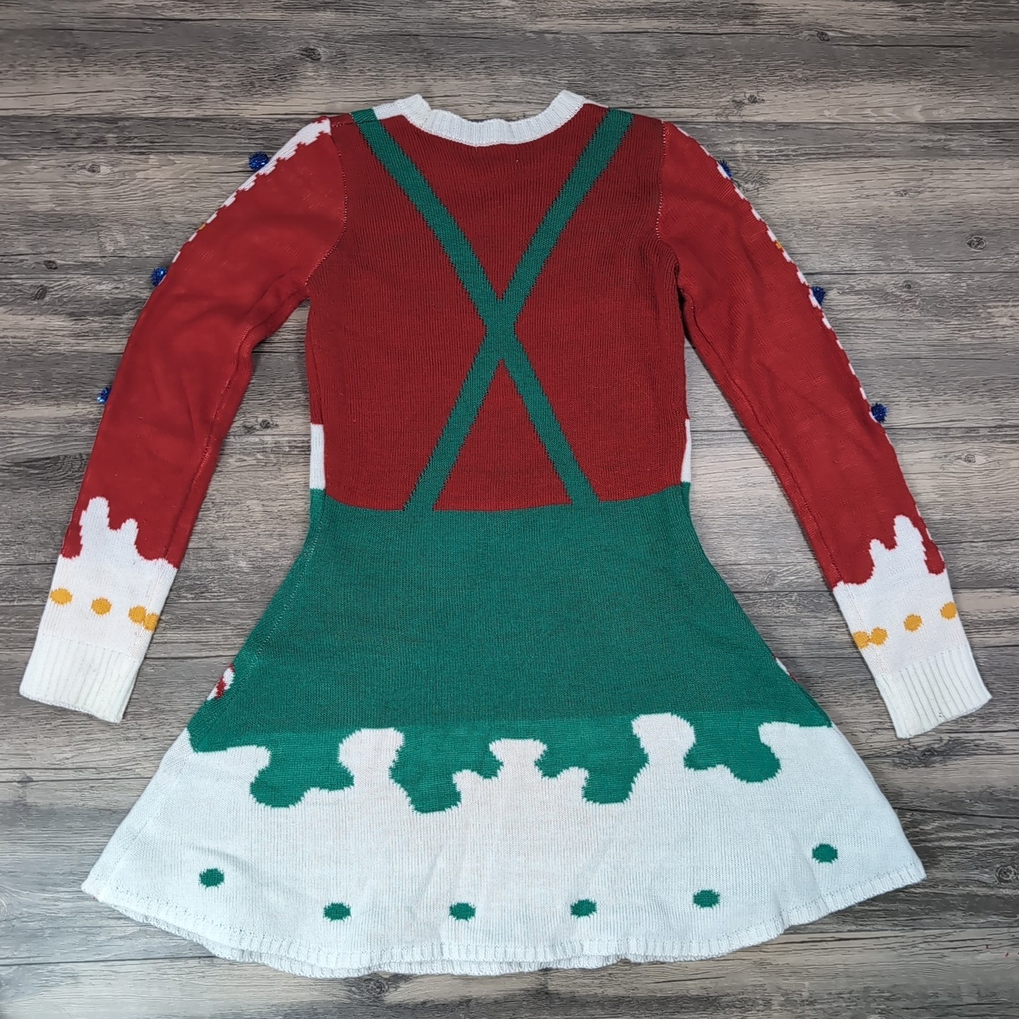 Kitschy Christmas Tree Holiday Fun Long Sleeve Dress Pom Poms Women’s XS