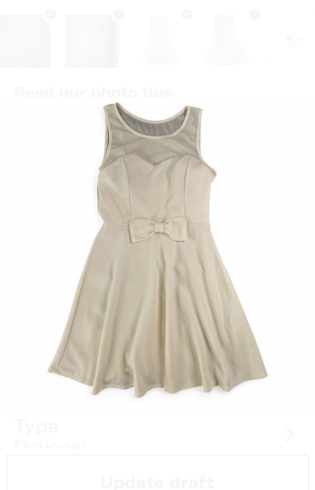 IVORY DRESS, JUNIOR SIZE L, CHEST 30 IN, LENGTH 34 IN * See photos for flaws *