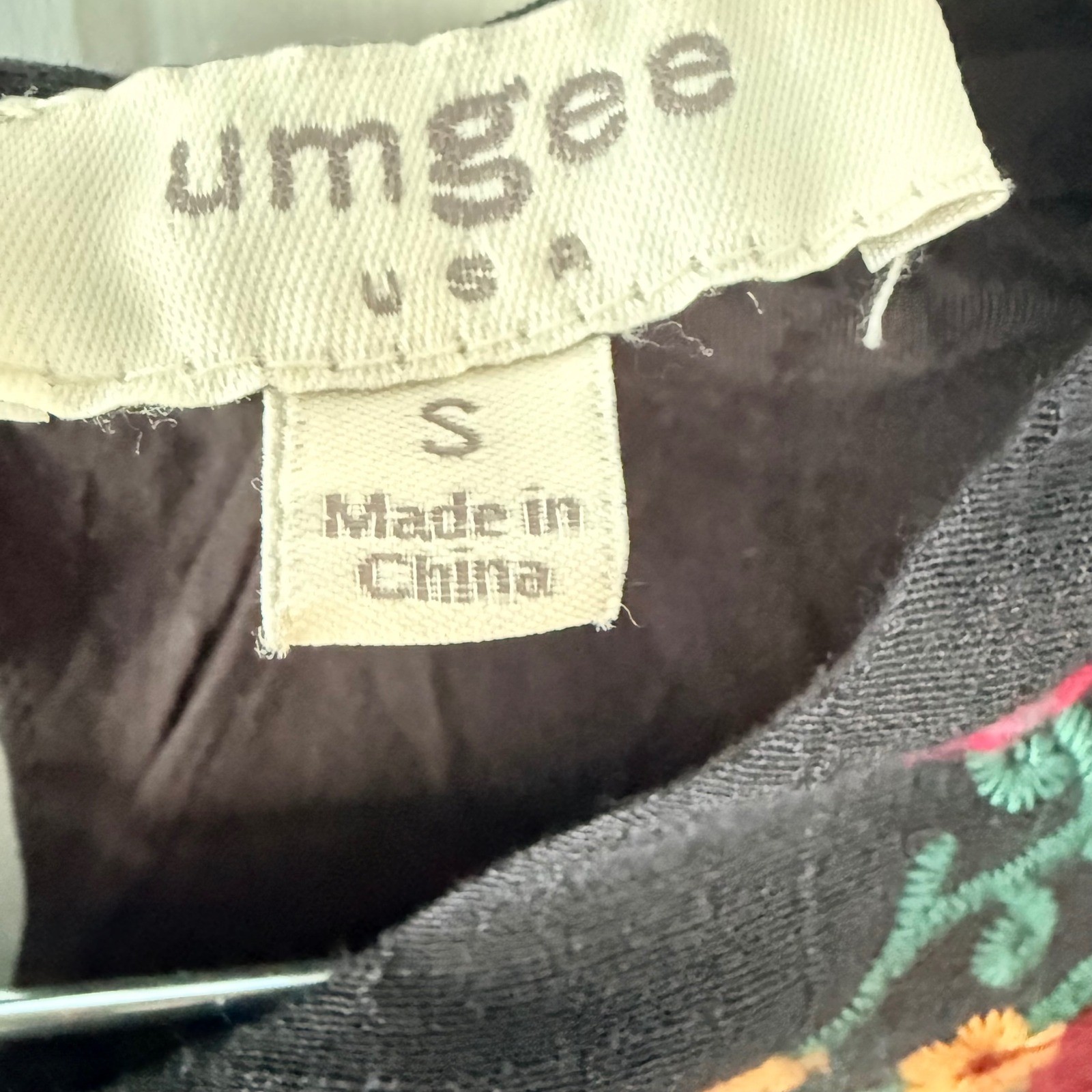 Umgee USA Black Embroidered Boho Babydoll Dress Bell Sleeve Floral Hippie Small