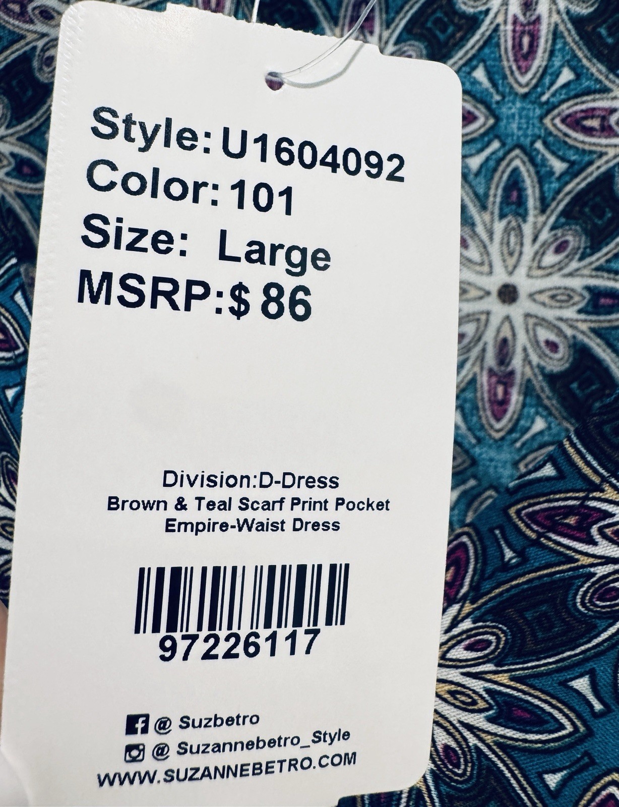 Suzanne Betro Boho Dress Size L Teal Colorful Pockets Women NWT