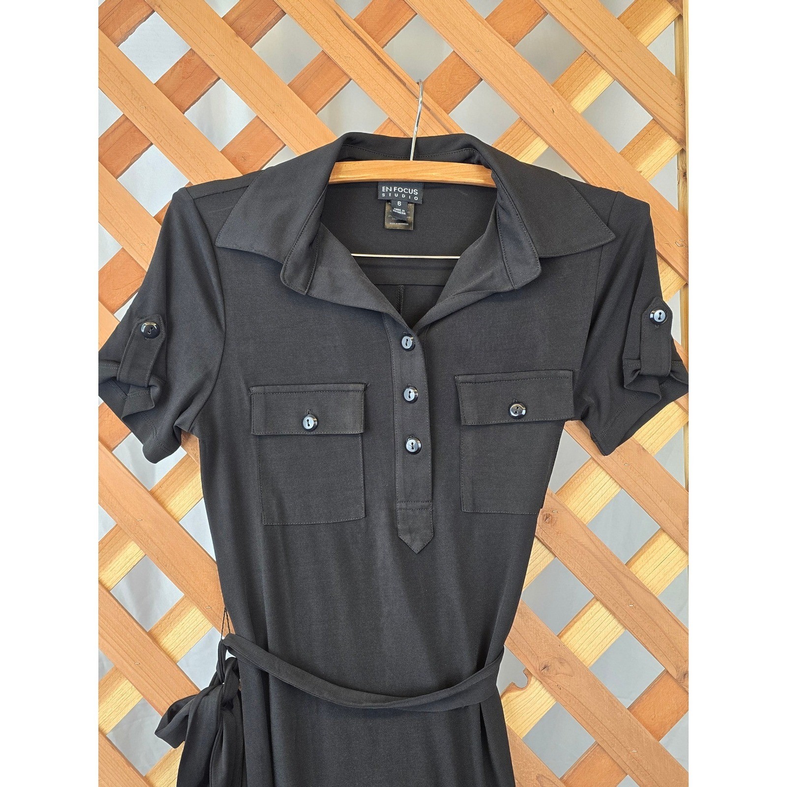 En Focus Studio Shirt Dress Womens 6 Black Short Sleeve Belted Safari -Excellent