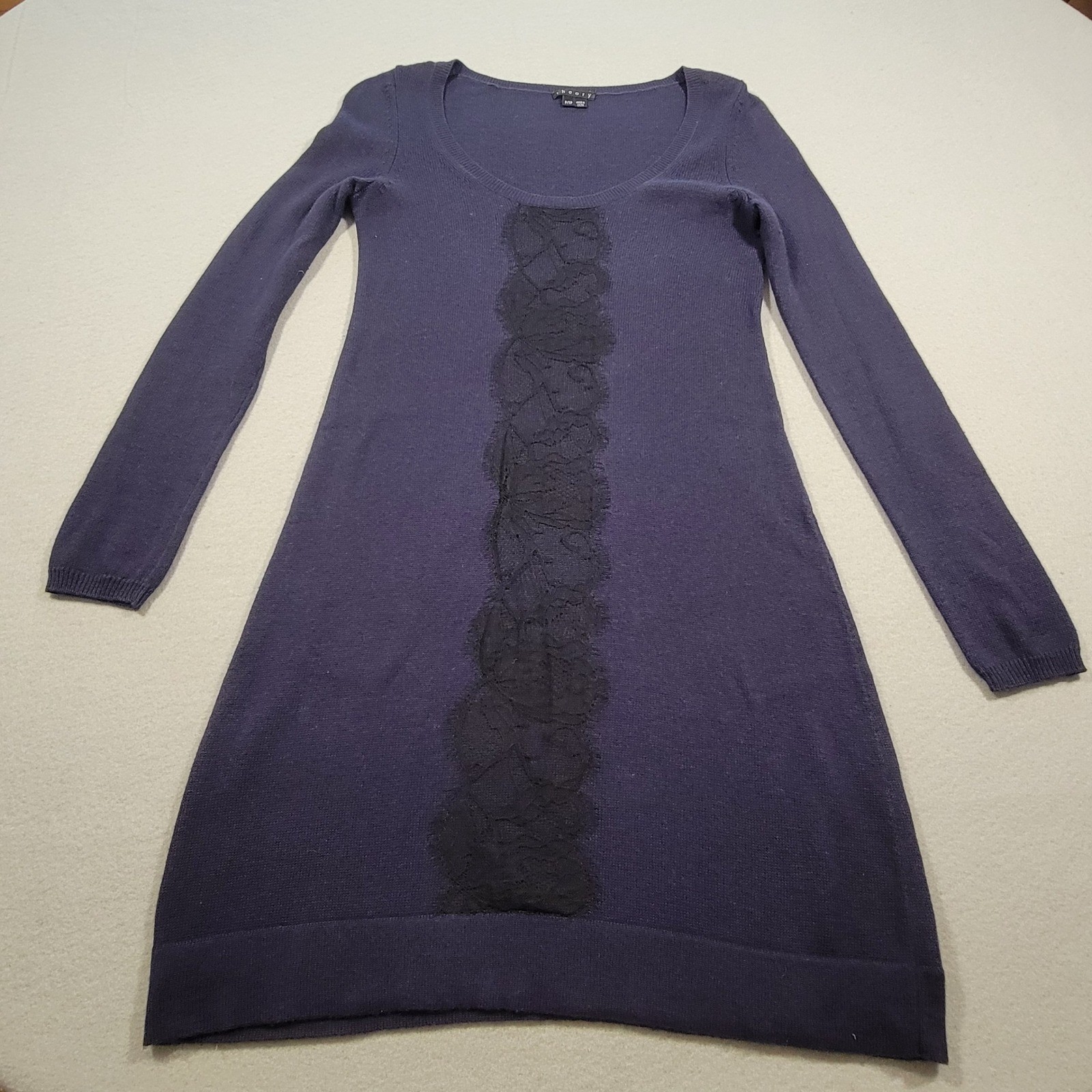 Theory Cashmere Blend Dress Blue Black Women’s Petite Long Sleeve Lace Front