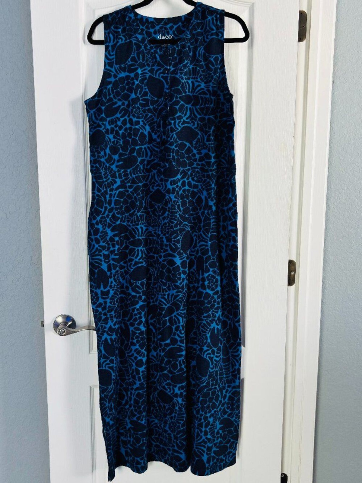 d&co Denim & Co Blue Black Sleeveless Maxi Dress Pockets Side Slits Size M