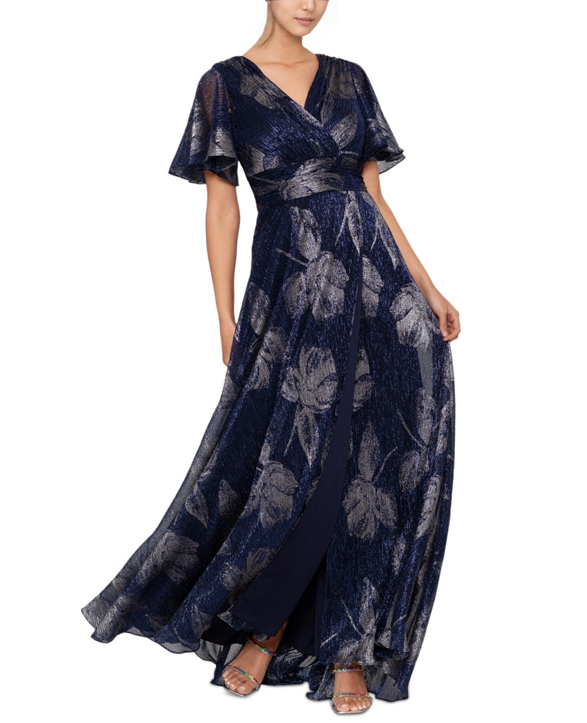 Betsy & Adam Women Size 12 Navy Gunmetal S Crinkled Flutter-Sleeve Gown Dress