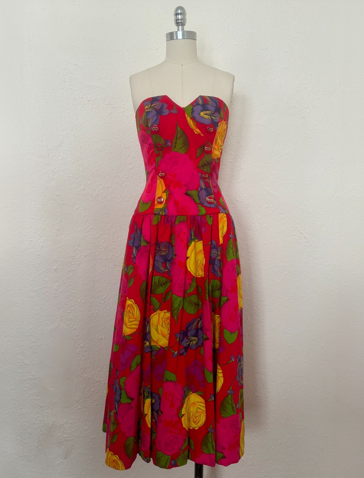 1990s Red Floral Strapless Dress by AJ Bari, Small to Medium
