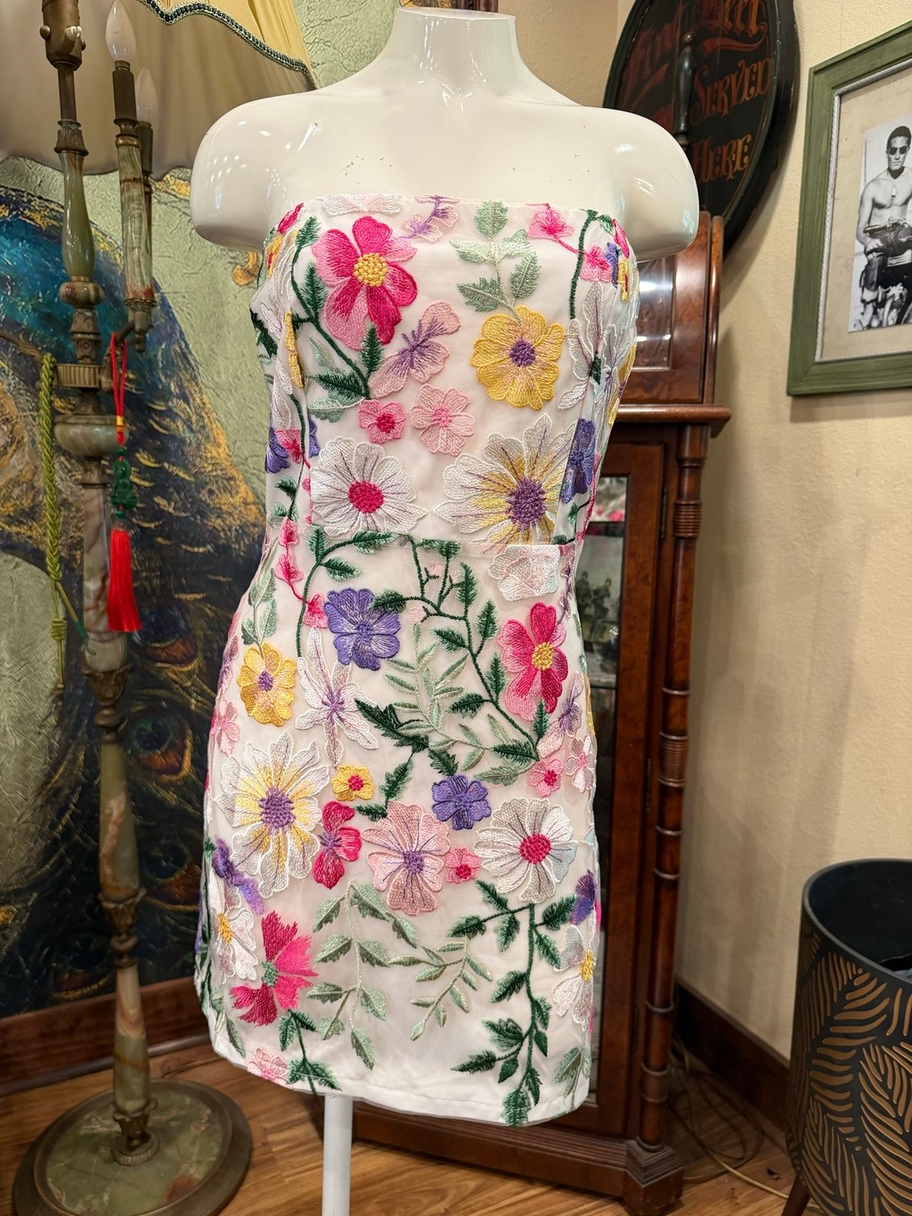 Floral Embroidered Lace Mini Dress Size S Strapless Colorful Mesh Overlay Weddin