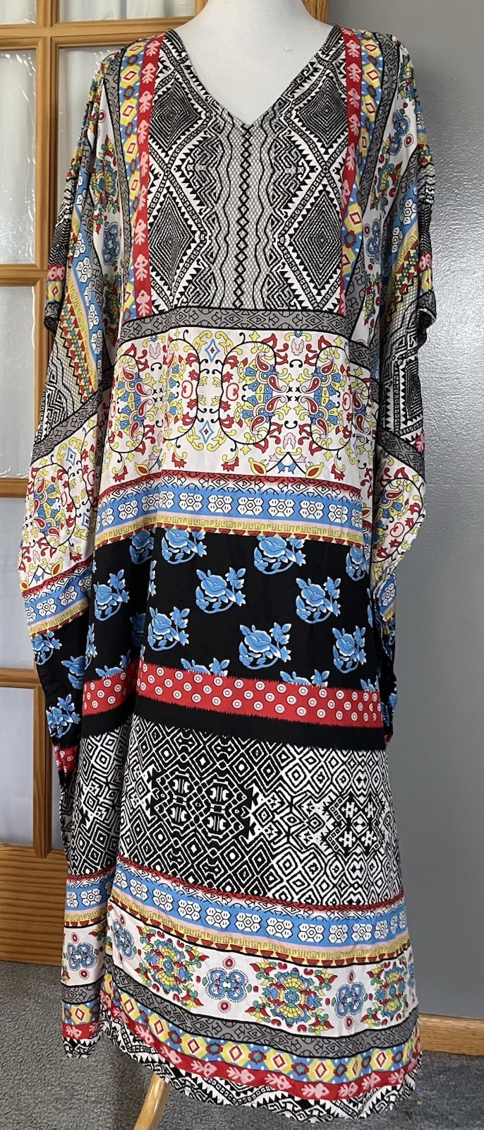 Gypsie Blu Kaftan Maxi Dress OS Mix Pattern Blue Red Beach Psychedelic Country