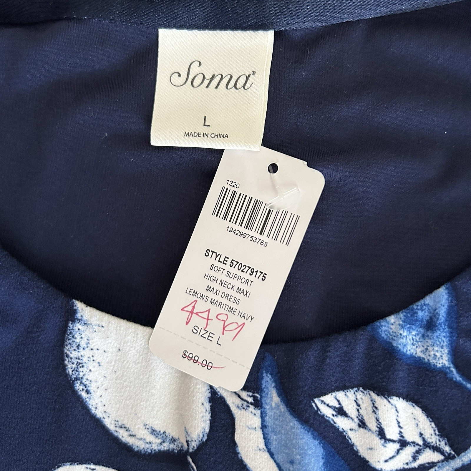 NWT Soma Sz Large Soft Support Maxi Dress High Neck Pockets Lined Blue Lemon $99