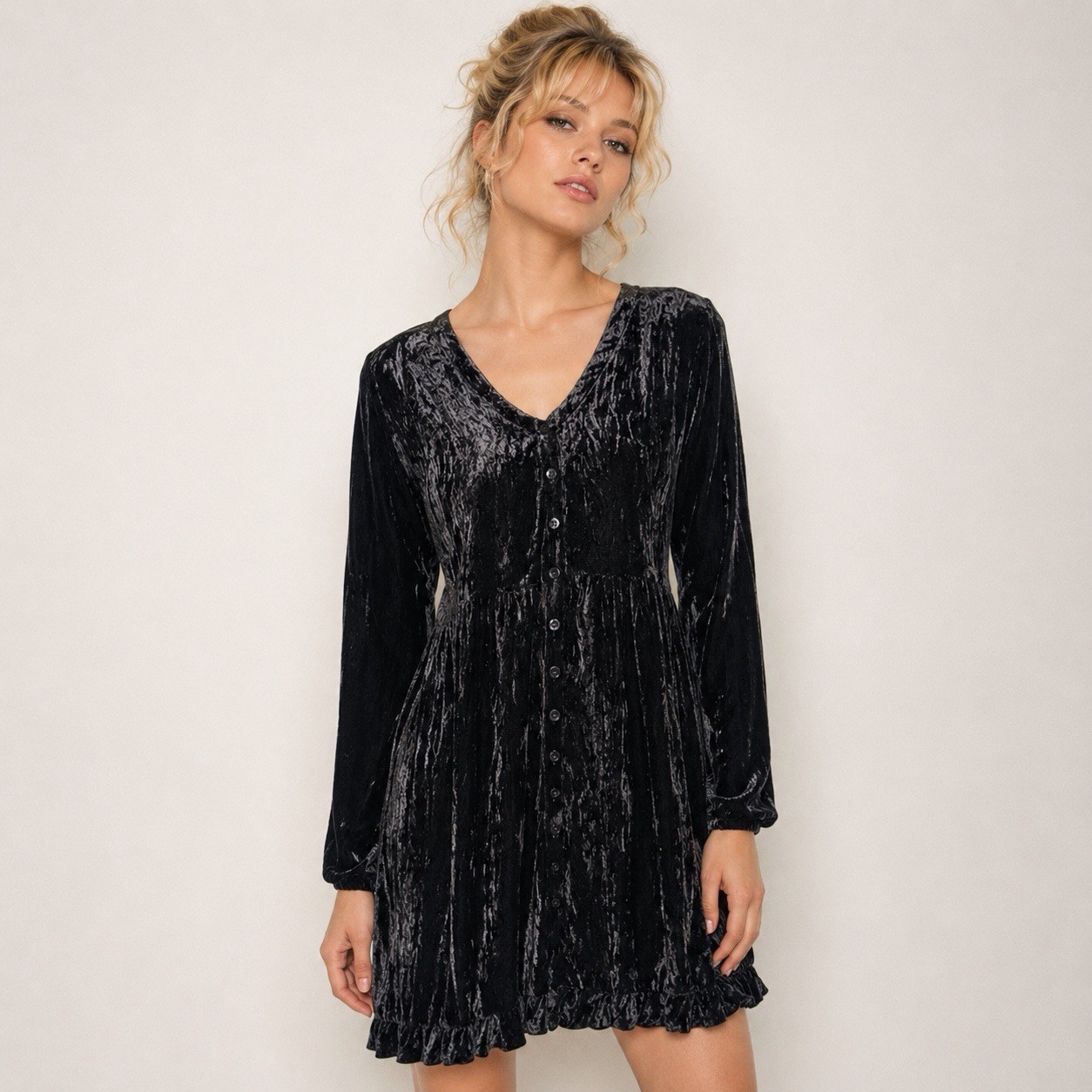 Nostalgia Black Crushed Velvet Dress Empire Waist Vintage 90s Mini Ruffle Size M