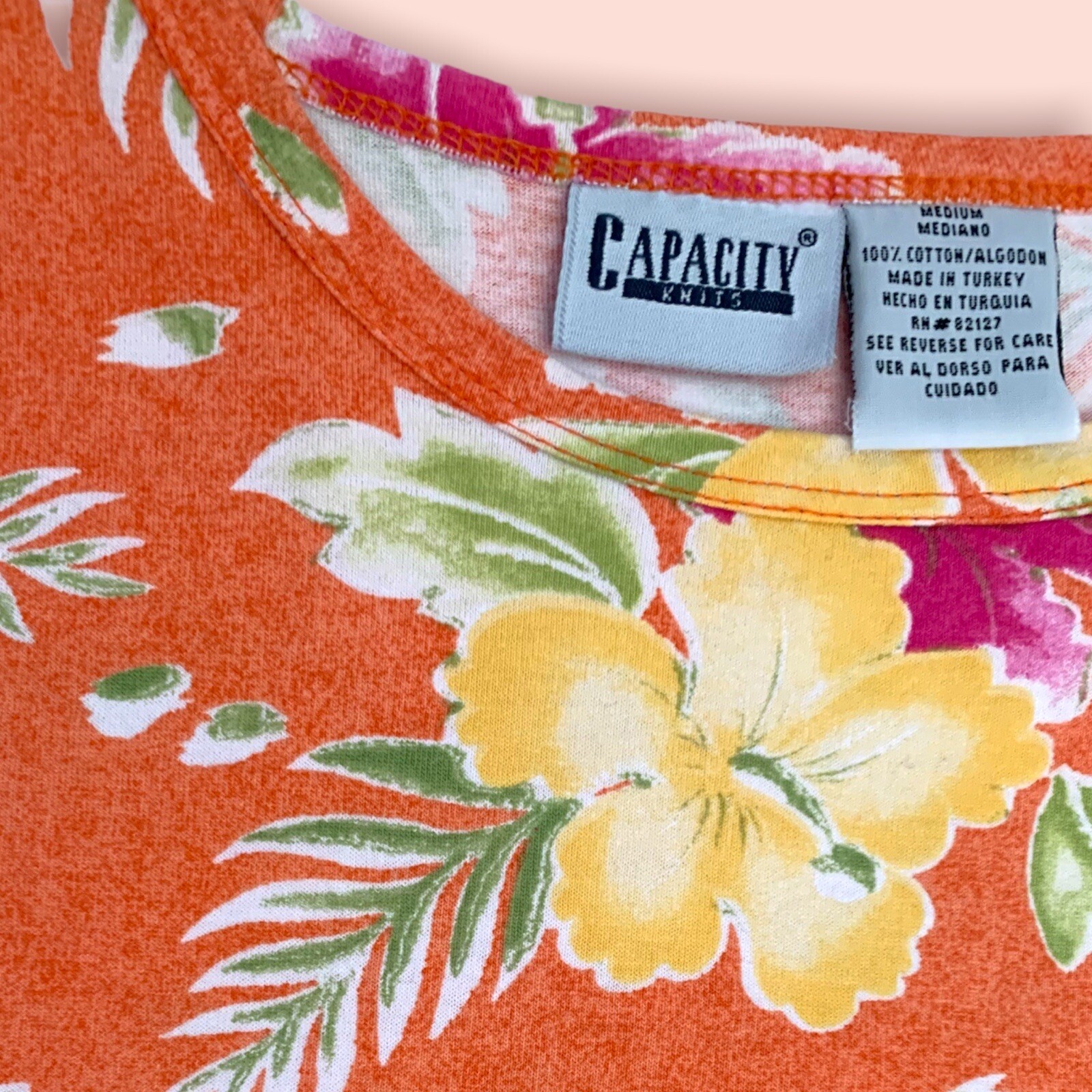 Vintage 1990s Capacity Knits Orange Tropical Floral Maxi Dress Size Medium