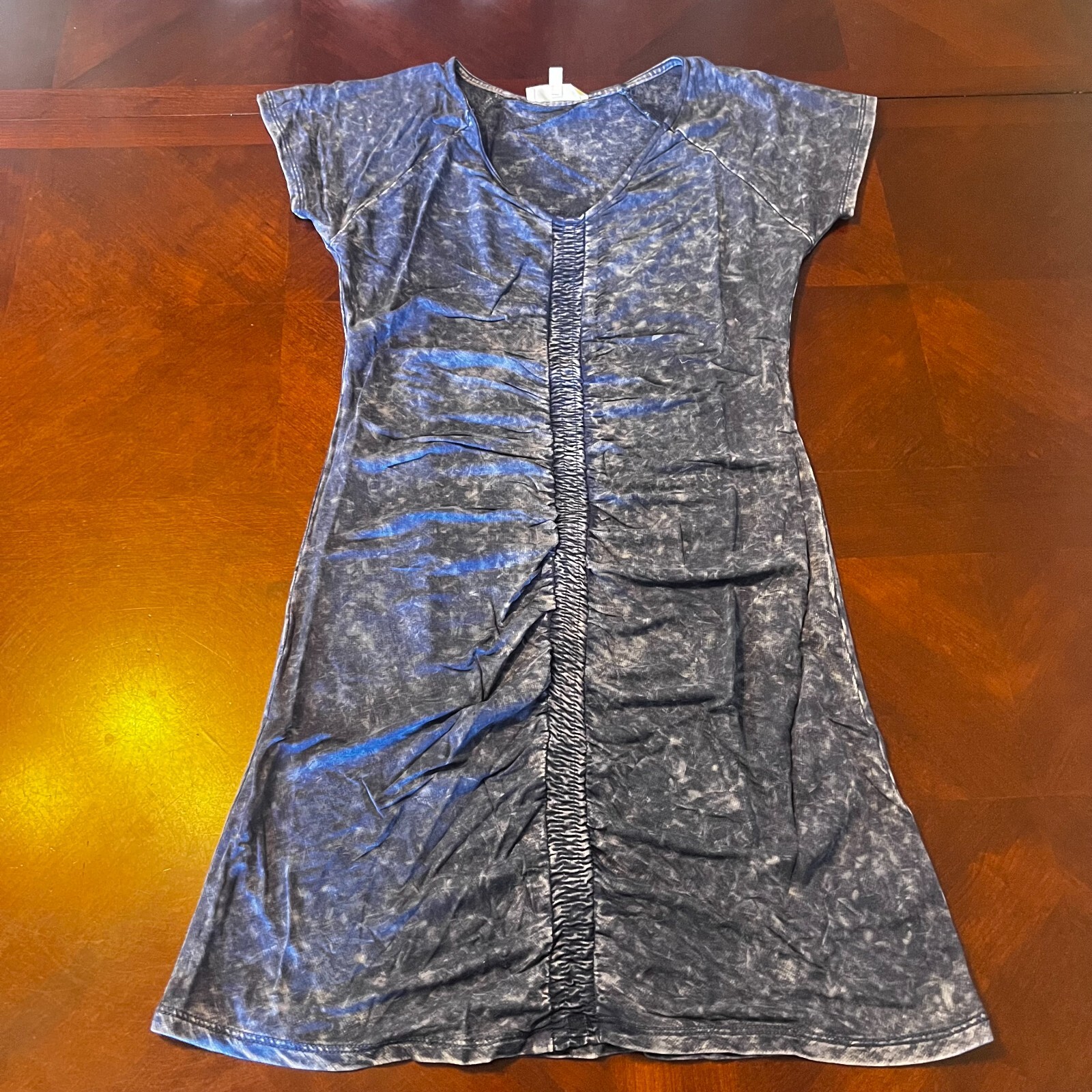 Promesa Womens Blue Acid Wash Ruched Front Short Sleeve Rayon Dress