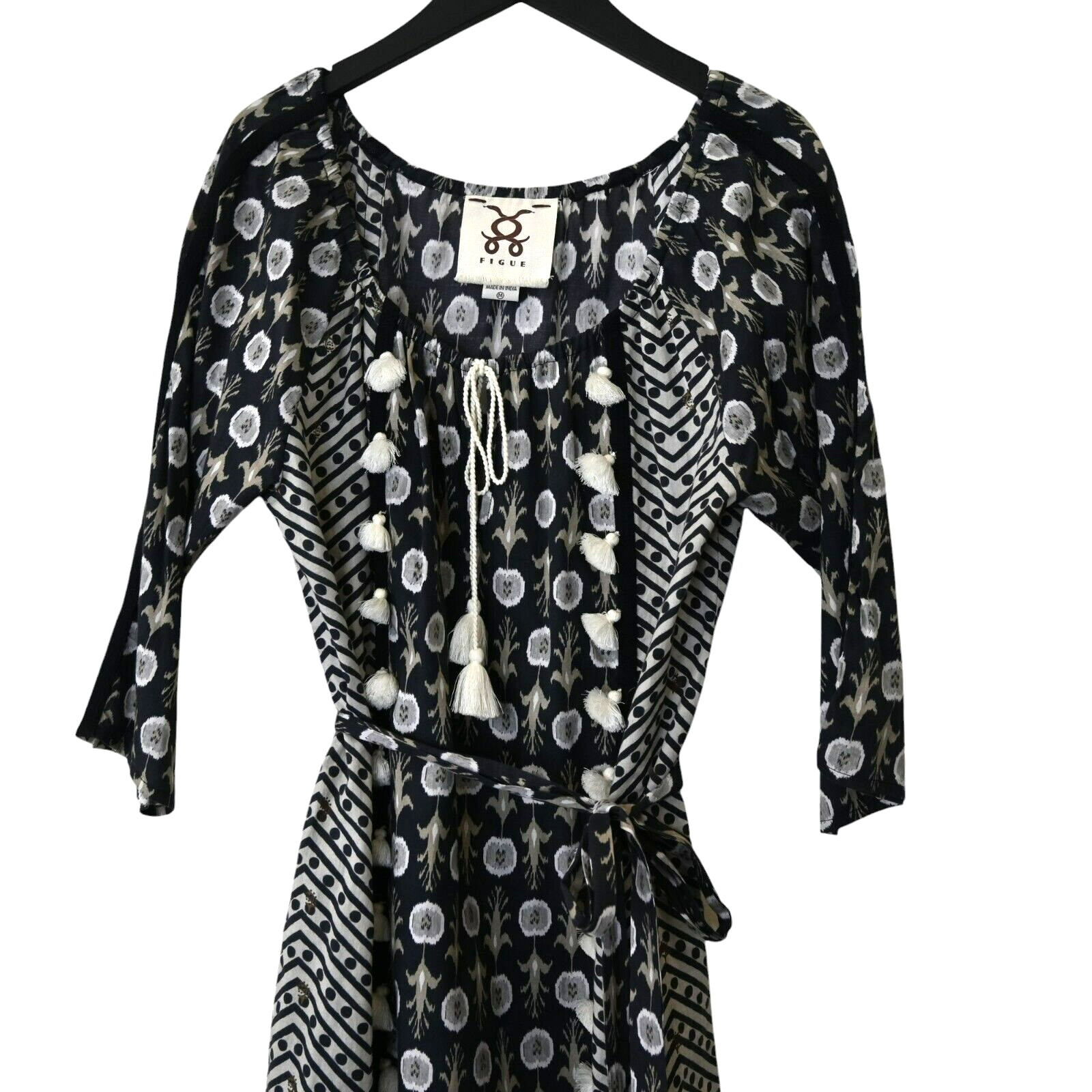 Figue Dress Size Medium Black Tan Knee Length 3/4 Sleeve Tasseled Bohemian