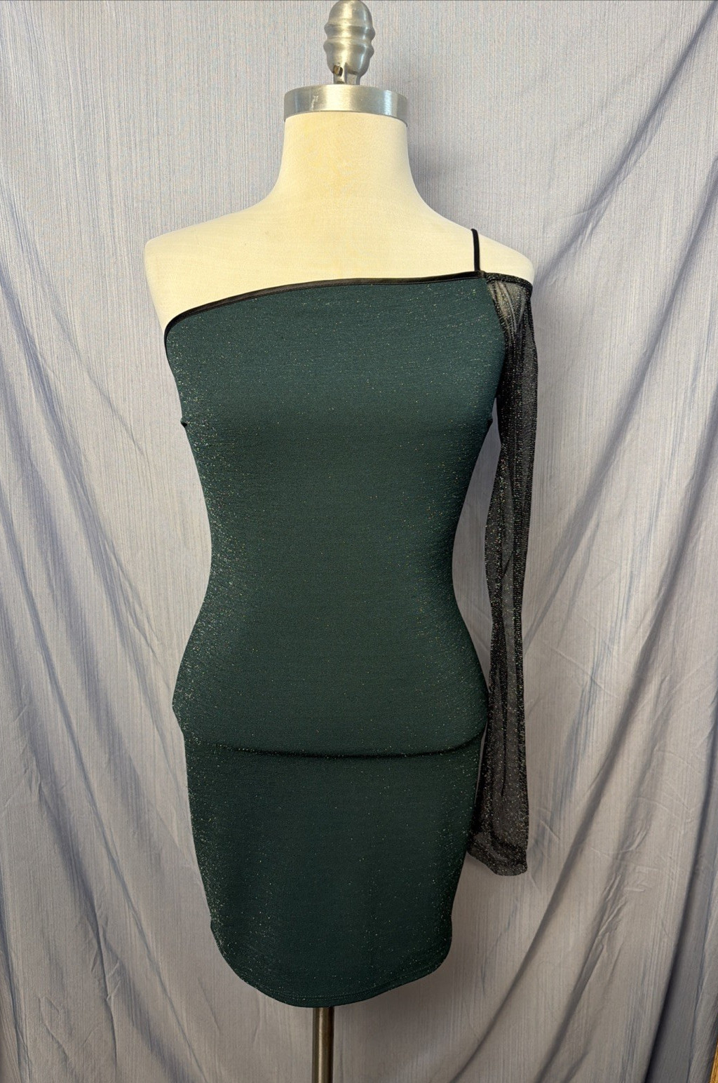 Julian J. SzS One Sleeve Dress Black/ Forest Green silver all over Knee Length