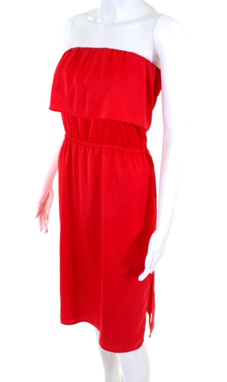 BCBG MaxAzria Womens M Satin Ruffled Strapless Lined Side Slit Dress Red Pockets