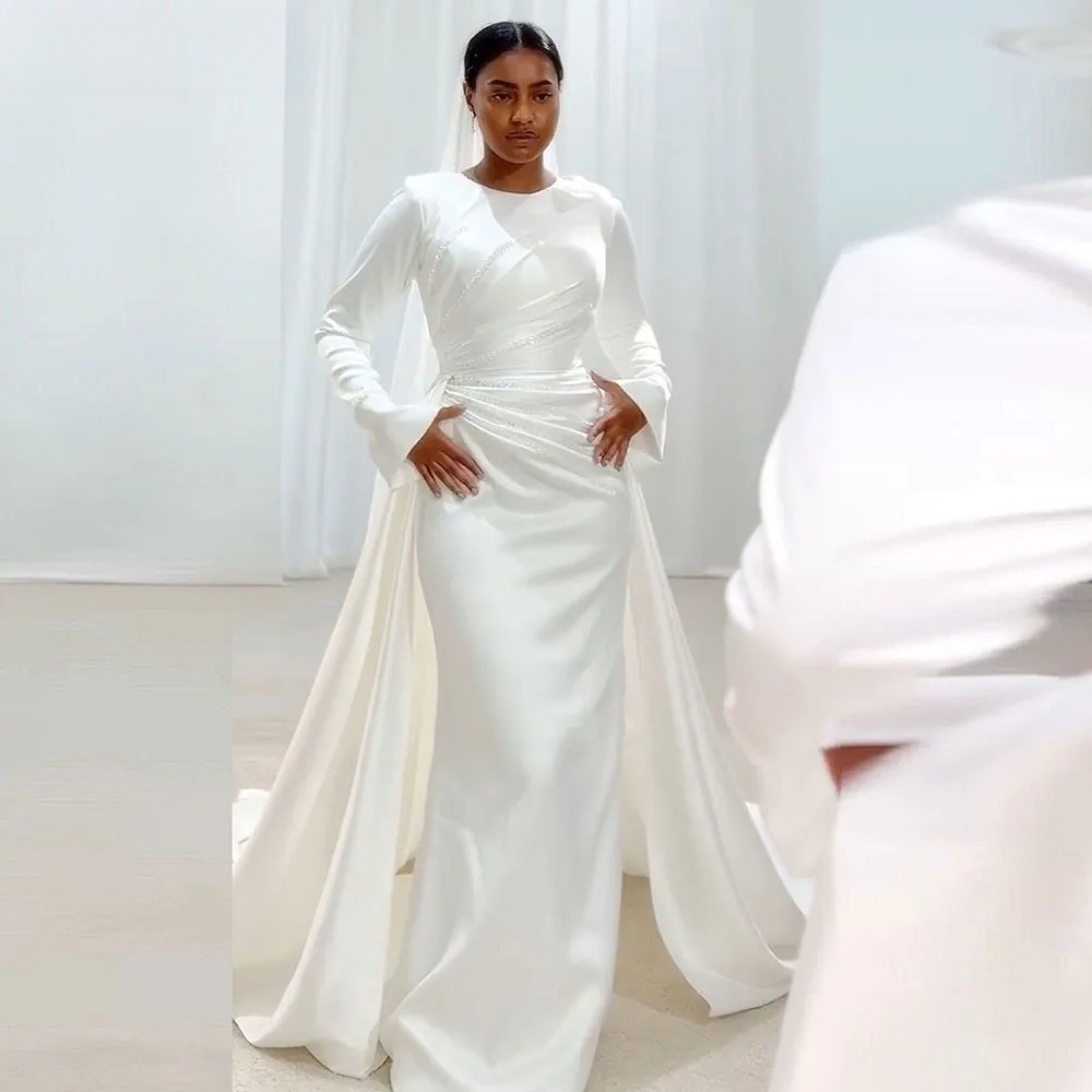 Arab Long Sleeved Pearl Embellished Wedding Dress Pearl Satin Muslim Bridal Gown