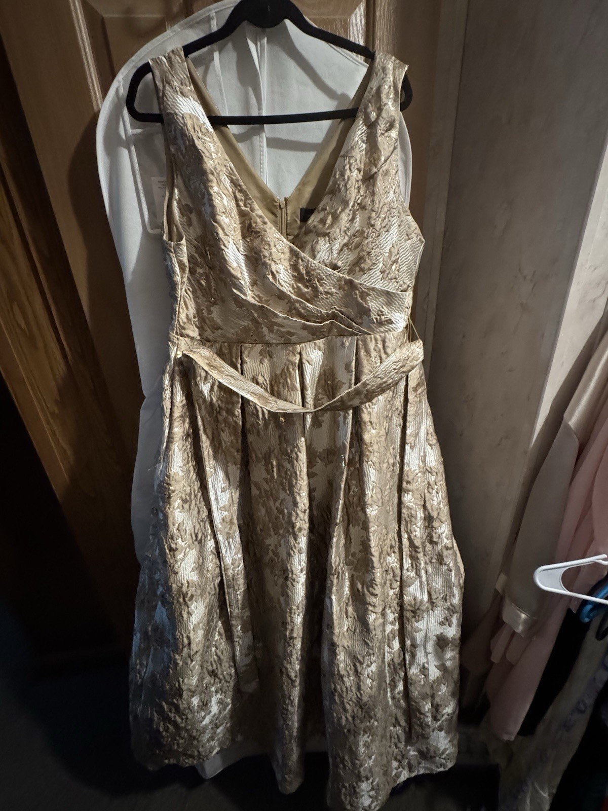 NWT Donna Karan Gold Brocade Sleeveless Wrap Ball Gown Frosted Beige Size 16