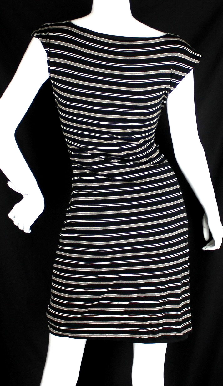 {ANN TAYLOR LOFT} Dress Sz. M Black & Beige Striped Ruched Stretch Lined