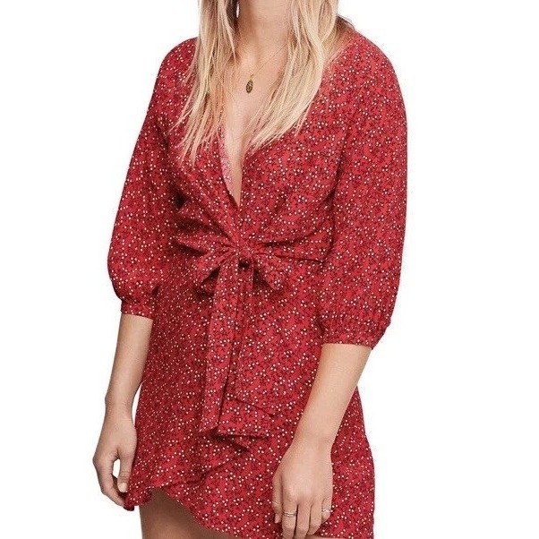 Free People Clara Floral Mini Tunic Dress Small Tie Waist Boho Red Daisy Cottage