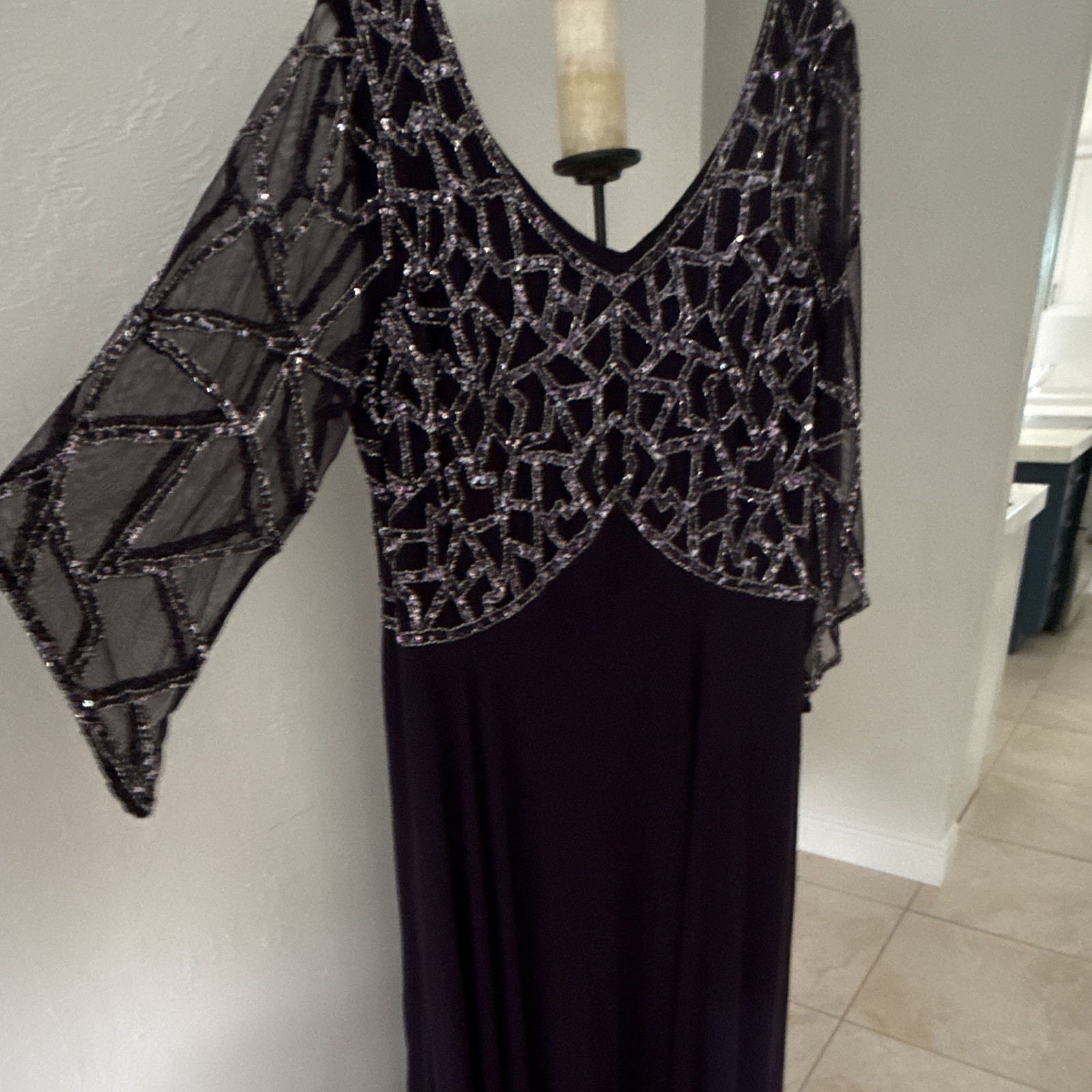 JKara Women’s 22W Purple Beaded Sequin Mesh V-Neck 3/4 Sleeve Long Gown