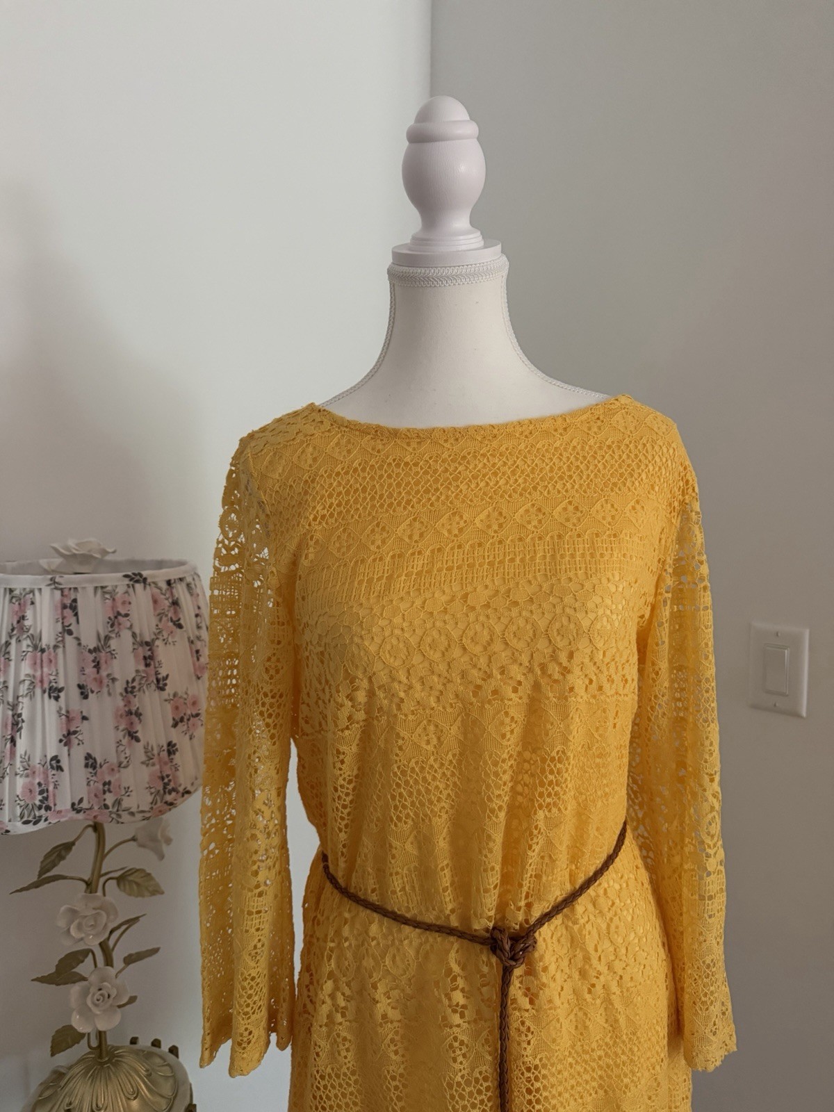 Yellow Solid Lace Shift Knee Length Dress Boat Neck 3/4 Sleeve Belt One Size