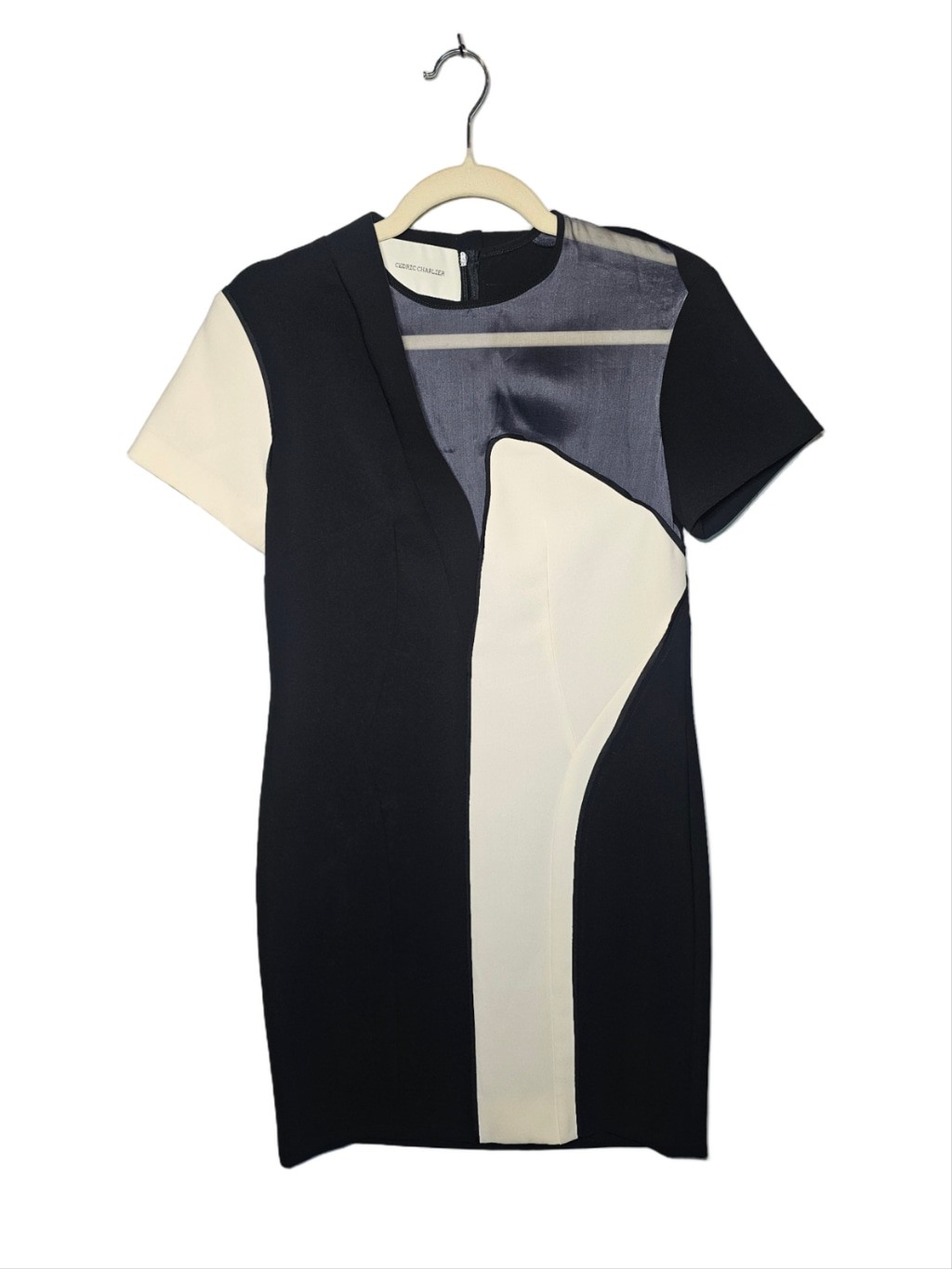 Cédric Charlier Colorblock Dress Black Cream Sheer Mesh Panel Size 38 / US 4 NWT