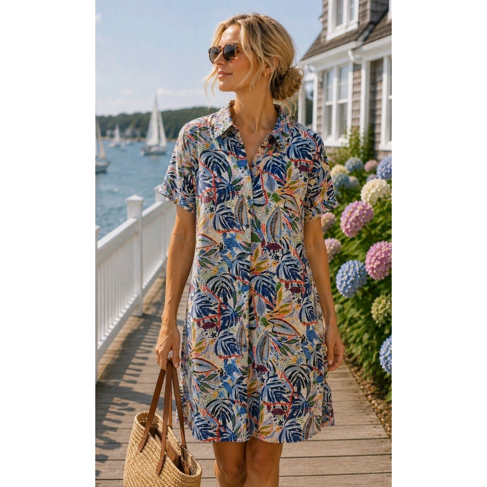 C&C California Women’s Lg 100% Linen Tropical Leaf Print Button Front Mini Dress