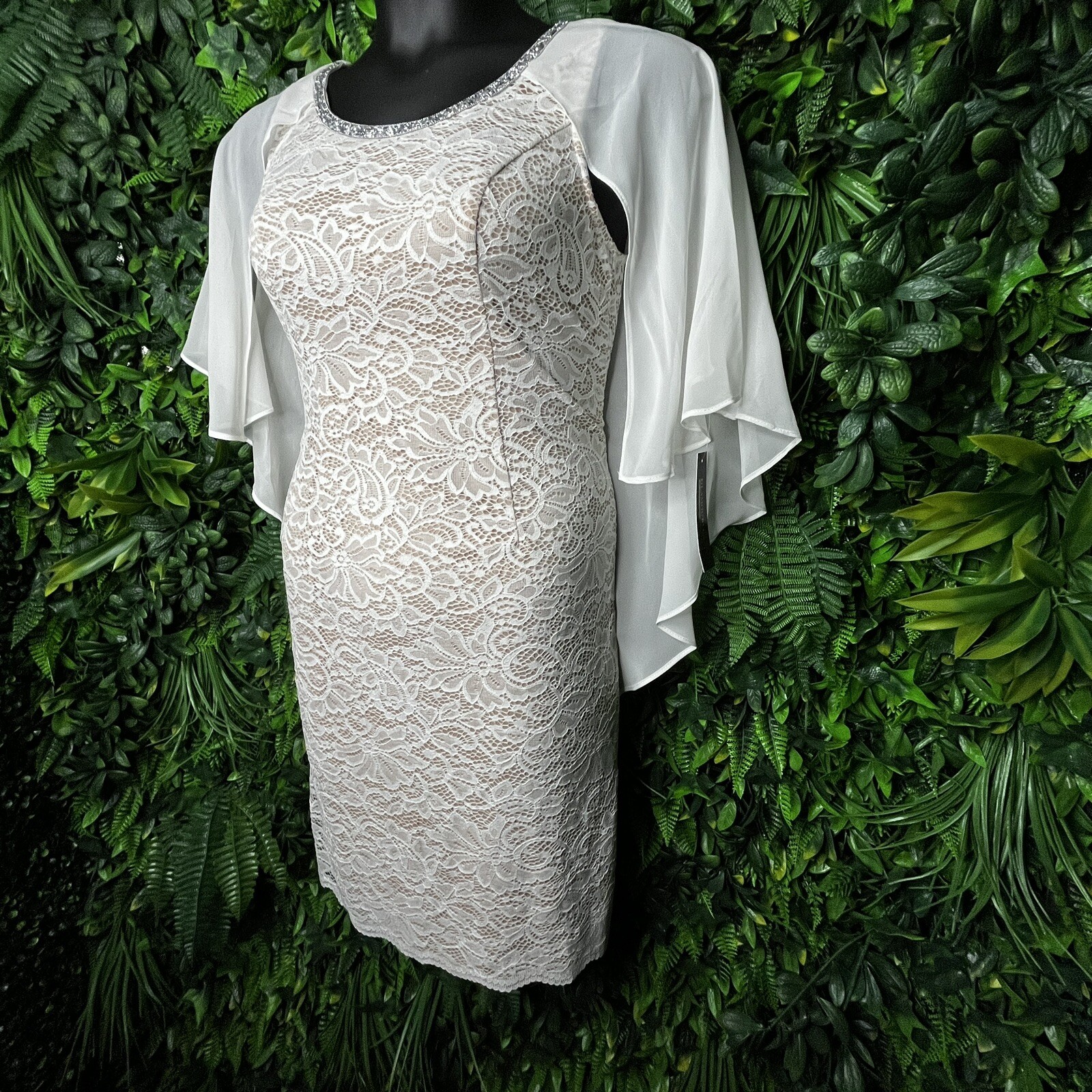 GLAMOUR Dress Women 6 White Dress Cape Sleeve Lace Stone Neckline $80 NWT 0864
