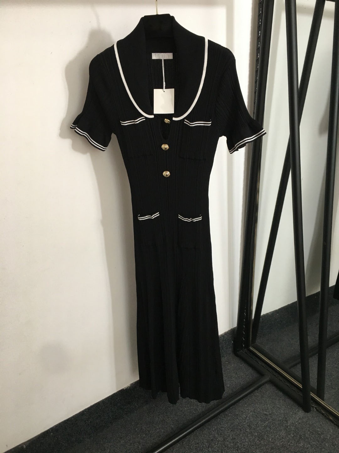 Sandr* French Elegant Temperament Lapel Horn Short Sleeve Knit Dress Long Skirt