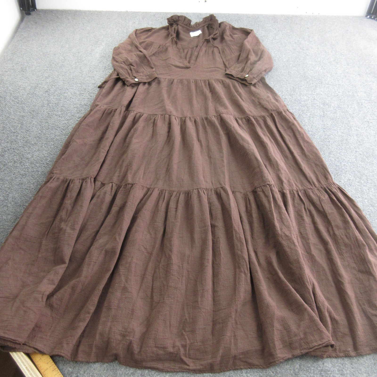 Honorine Dress Womens M Brown Cotton Maxi Trapeze Ruffle V Neck 3/4 Sleeve Boho