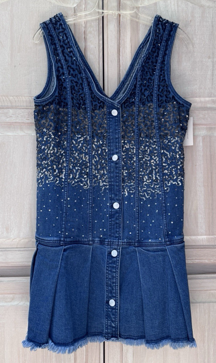 NWT Anthropologie Pilcro Sequin Sparkle Denim Button Front MinI Dress Size Small