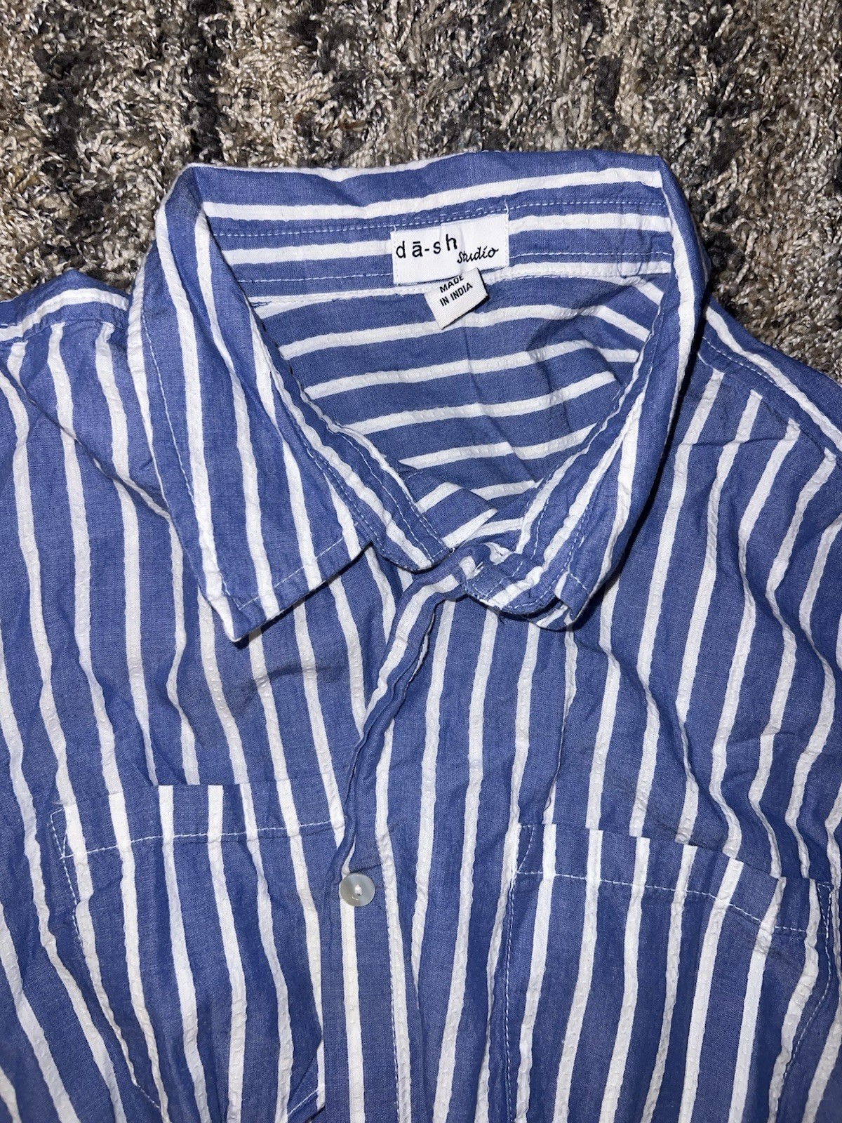Dash Studio Blue/White Striped Collared Button Front Belted Shirt Dress L