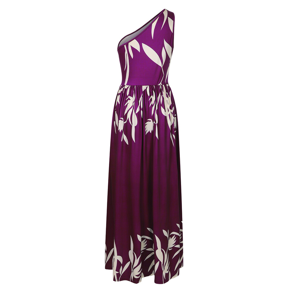 Womens Print One Shoulder High Split Maxi Dress Ladies Party Cocktail Long Dress