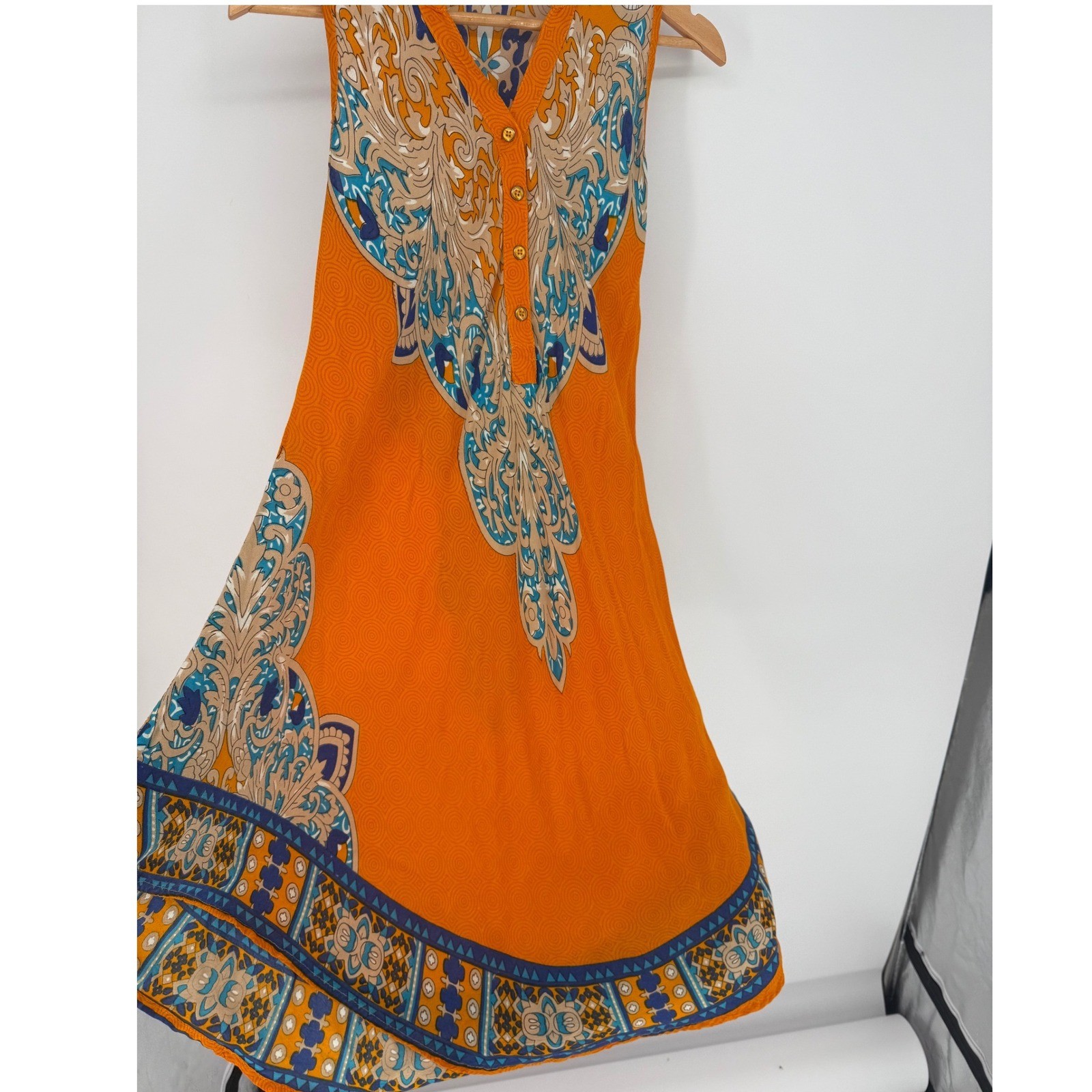 Seven Islands New York Orange Paisley Boho Sleeveless Rayon Midi Dress Large