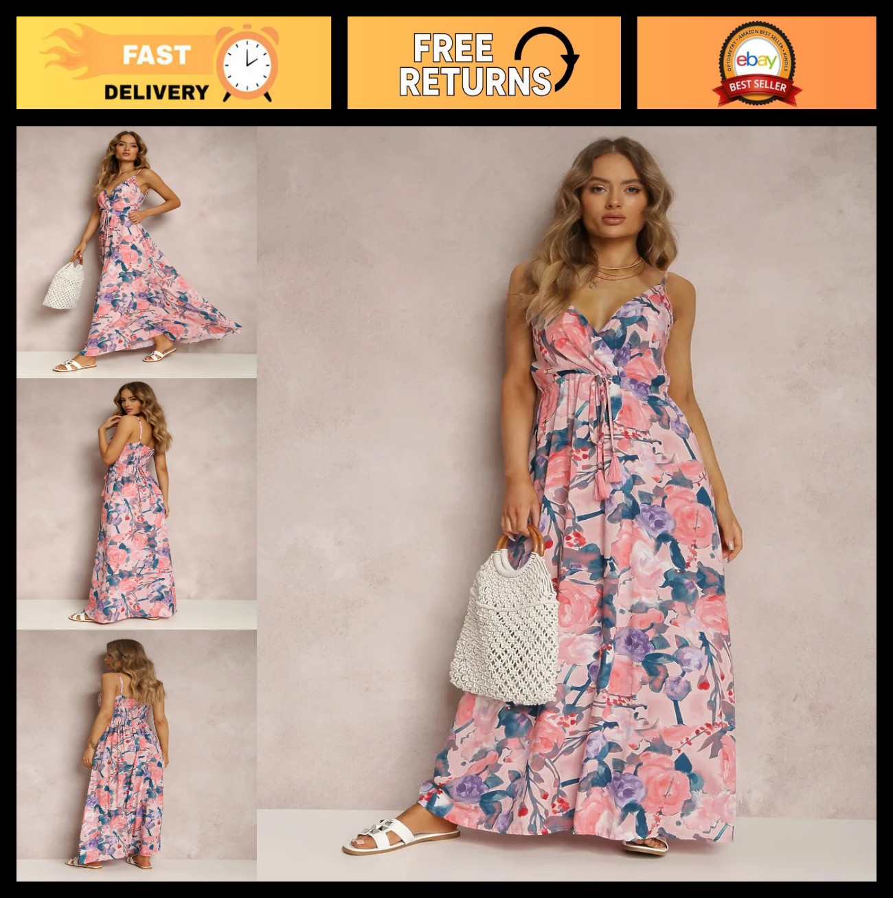 Floral Print Maxi Dress for Women – V Neck, Spaghetti Strap, Tassel Tie Waist, S