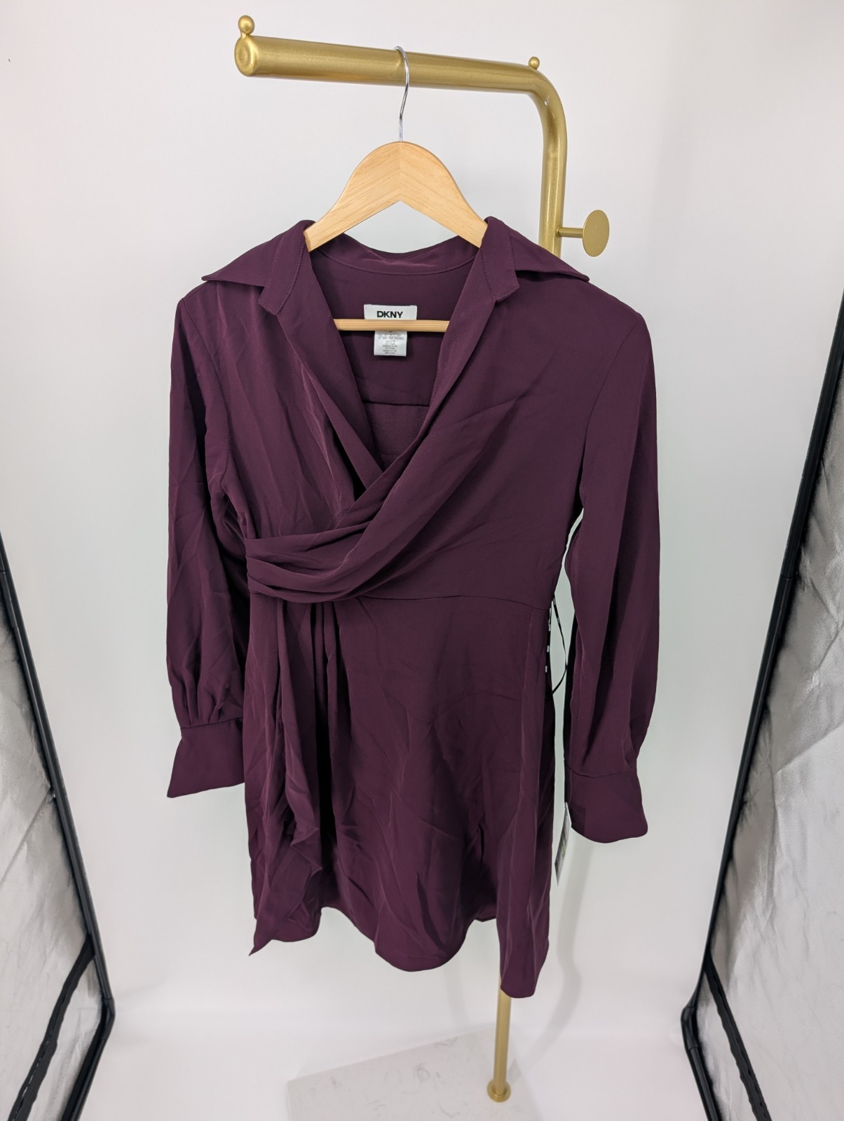 DKNY Petite Collared-V-Neck Long-Sl Raisin 4P