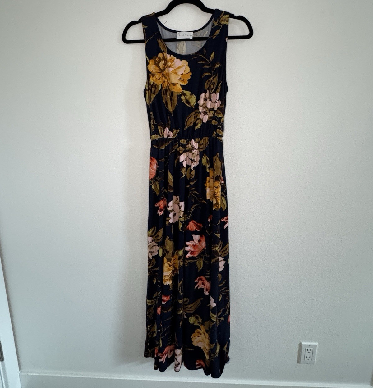 French Grey Navy Floral Sleeveless Maxi Dress Women’s Medium Stretch Boho