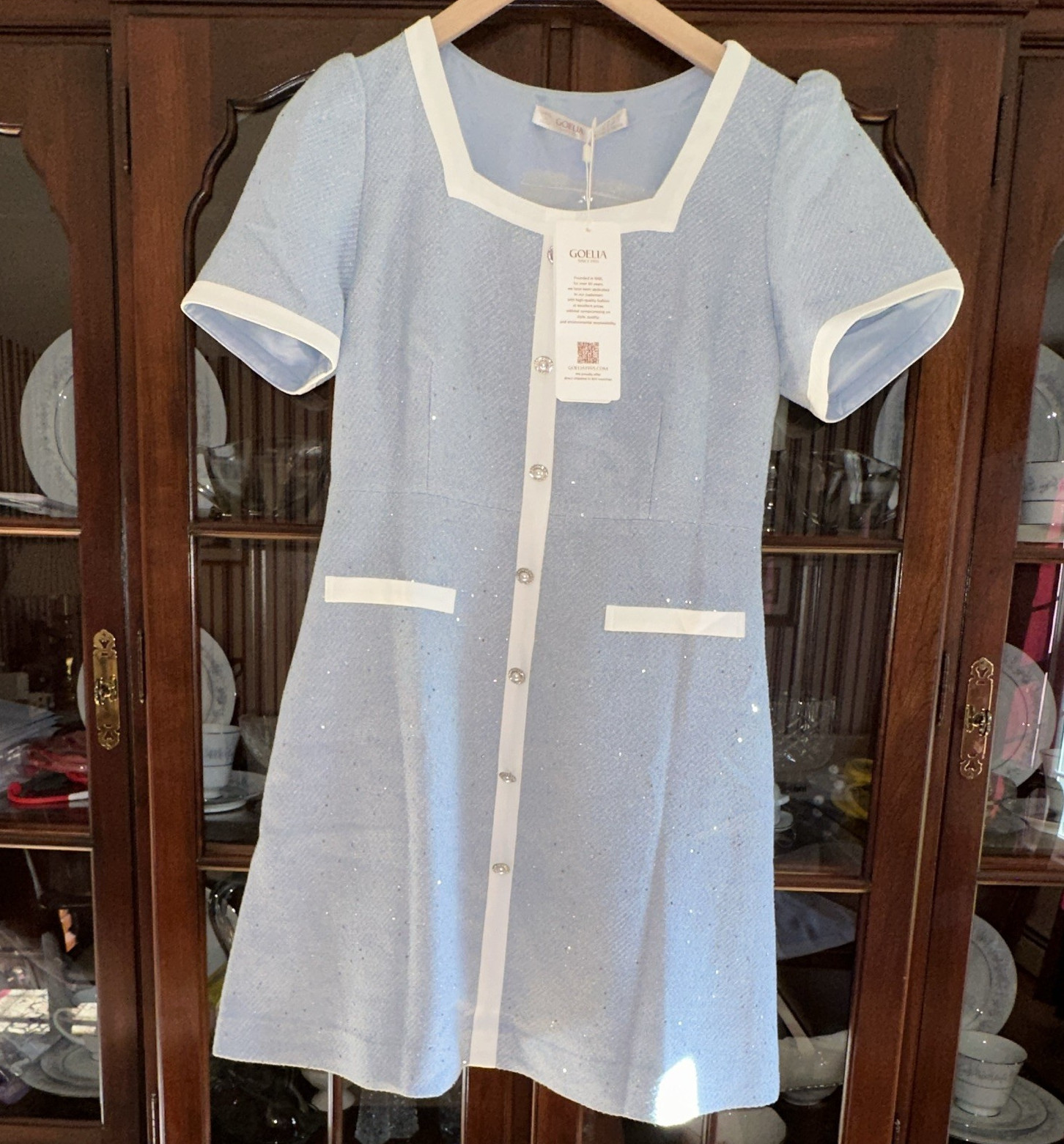 GOELIA Blue/White Tweed A-Line Square Neck Button Front Short Sleeve Dress S